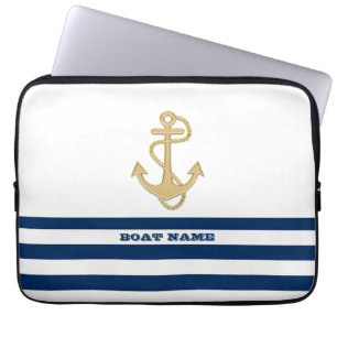 Capa Para Notebook Bandas brancas azuis, Marinhos de âncora Dourada, 