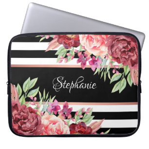 Capa Para Notebook Bandas Florais Negras, Blush, Personalizadas