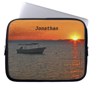 Capa Para Notebook Barco de Pesca, Laranja Sunset, Nome, Computador
