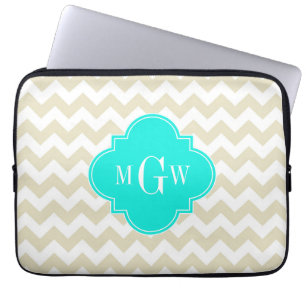 Capa Para Notebook Beige White Chevron Aqua Quatrefoil 3 Monograma
