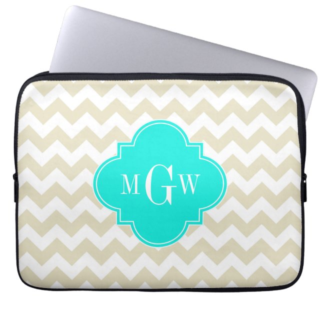 Capa Para Notebook Beige White Chevron Aqua Quatrefoil 3 Monograma (Frente)