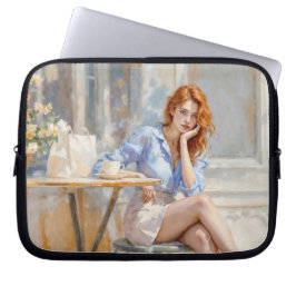 Capa Para Notebook Bela cabeleira vermelha sentada em um café, soft a