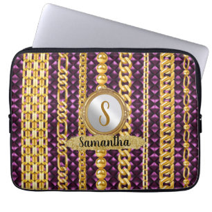 Capa Para Notebook Bela Veludo Roxo Dourado Monograma Chic Elegante
