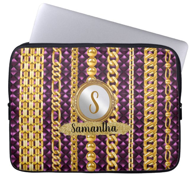 Capa Para Notebook Bela Veludo Roxo Dourado Monograma Chic Elegante (Frente)