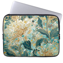 Capa Para Notebook Belas Flores em Flor com Padrão Dourado Verde