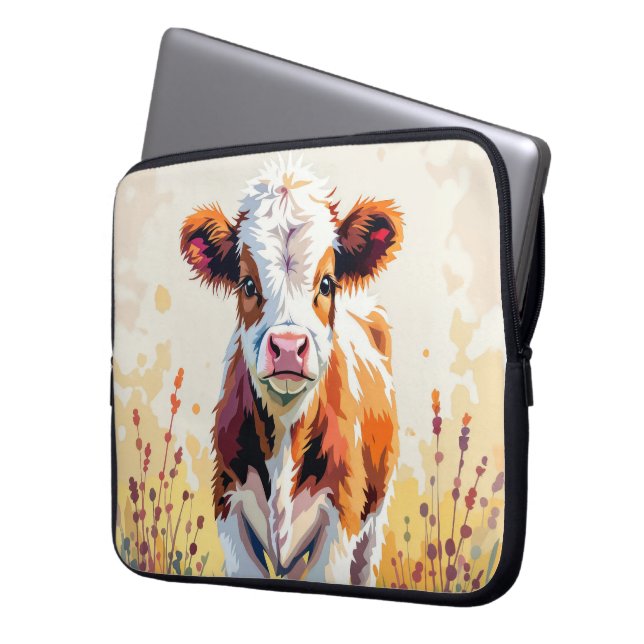 Capa Para Notebook Bezerro Aquarela Fofo Em Campo de Flores (Frente Esquerda)