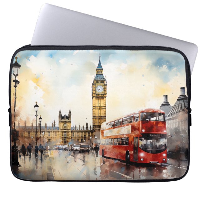 Capa Para Notebook Big Ben e ônibus vermelho em Londres (Frente)