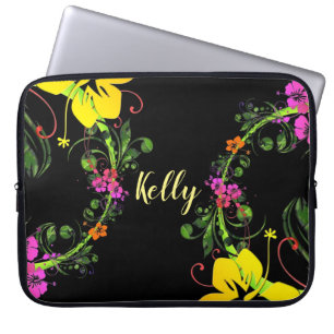 Capa Para Notebook Bihibisco floral tropical amarelo-rosa-preto