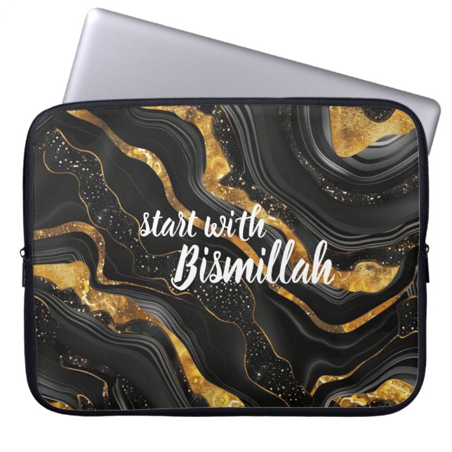 Capa Para Notebook Bismillah Alhamdullilah Ágata Dourada e Preta (Frente)