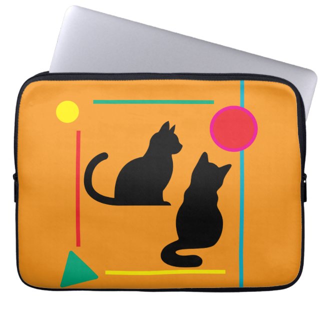 Capa Para Notebook Black Cats & Geo Pattern Orange Electronics Bag (Frente)