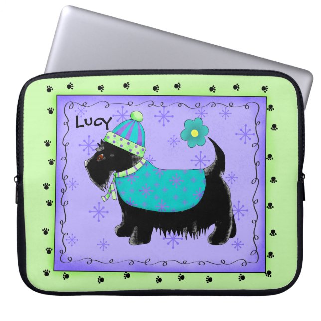 Capa Para Notebook Black Scottie Terrier Dog Name Personalizado Green (Frente)