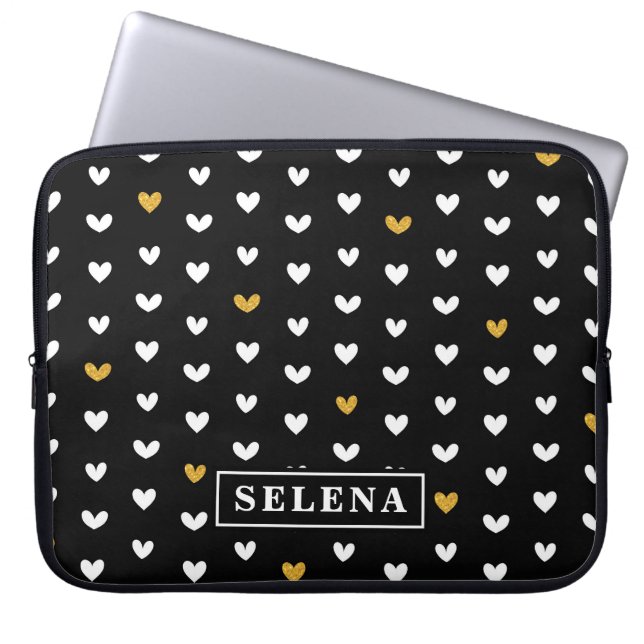 Capa Para Notebook Black White Gold Heart Pattern with Custom Name (Frente)