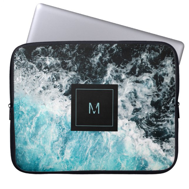 Capa Para Notebook Blue Black Ocean Waves Hawaii Monogram (Frente)