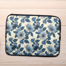 Capa Para Notebook Blue Floral Dourado Glitter Japonês Ukiyo-e