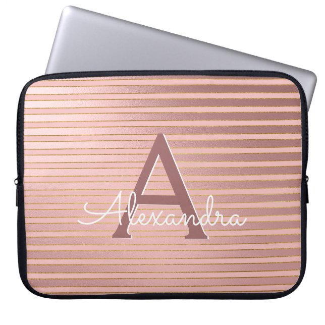 Capa Para Notebook Blush Pink e Dourado Stripes Monograma Girly (Frente)
