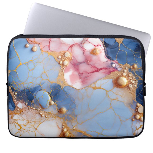 Capa Para Notebook Blush & Sapphire Marble with Golden Pearls (Frente)