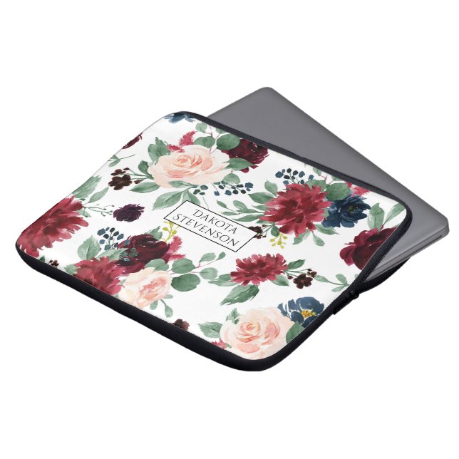 Capa Para Notebook Boho Bloom | Borgonha Vermelha e Marinho Azul Pers (Frente Topo)