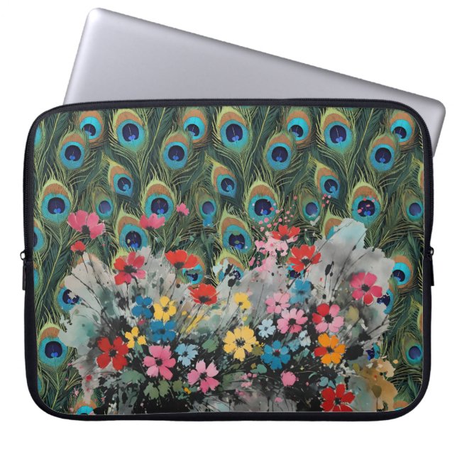 Capa Para Notebook Boho Peacock Feathers And Wildflowers (Frente)