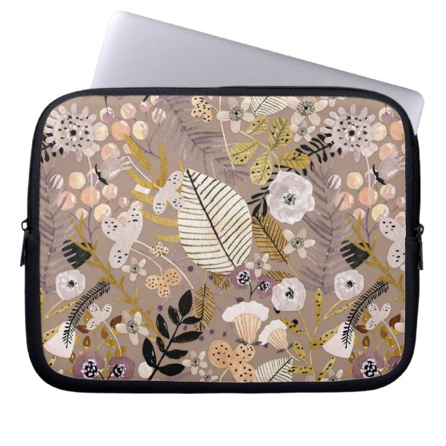 Capa Para Notebook Boho Preto Dourado Pêssego Branco Traçado Folha Fo (Frente)