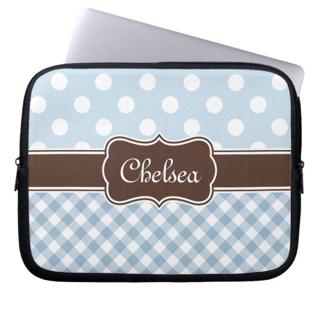 Capa Para Notebook Bolinhas Azul Padrões Gingham Nome castanho (Frente)