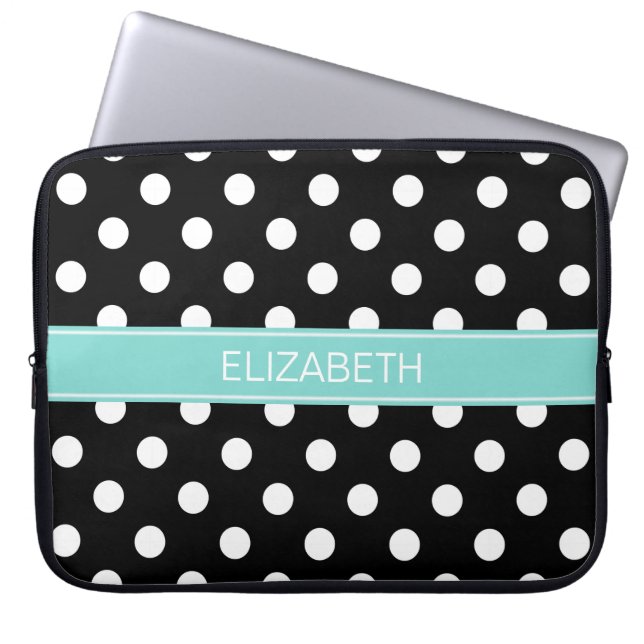 Capa Para Notebook Bolinhas brancas pretas #2 Nome Turquoise Monogram (Frente)