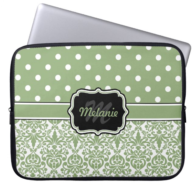 Capa Para Notebook Bolinhas de Damáscaras Monograma Verde Sage (Frente)