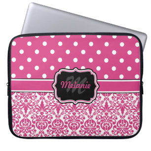 Capa Para Notebook Bolinhas de Damask Monograma, Rosa Quente