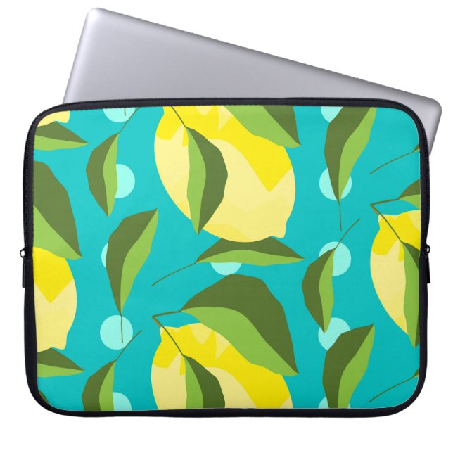 Capa Para Notebook Bolinhas de limões: fundo azul. (Frente)