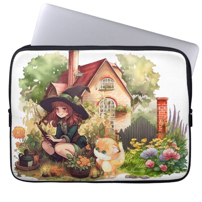 Capa Para Notebook Bolsa de Eletrônicos da Bruxinha e Raposa Fofa (Frente)