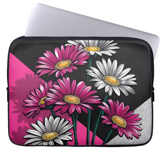 Capa Para Notebook Bolsa de Eletrônicos Margaridas Rosa e Branco (Frente)