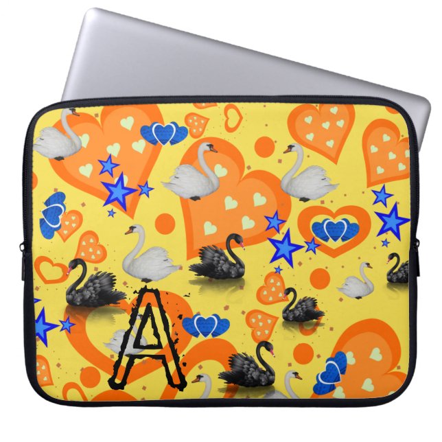 Capa Para Notebook Bolsa de laptop Amarelo Cisne Azul Estrelas Laranj (Frente)