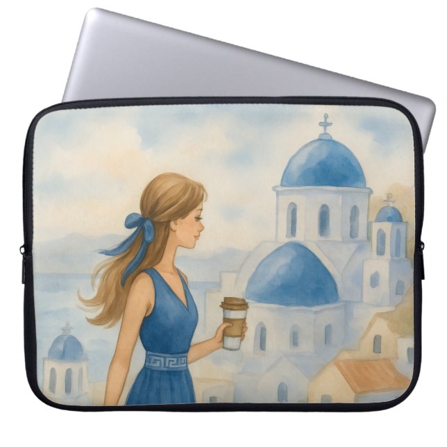 Capa Para Notebook Bolsa de laptop de Aquarela da Grécia Santorini (Frente)