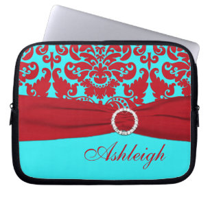 Capa Para Notebook Bolsa de laptop de FAUX do Aqua e do Damasco Verme