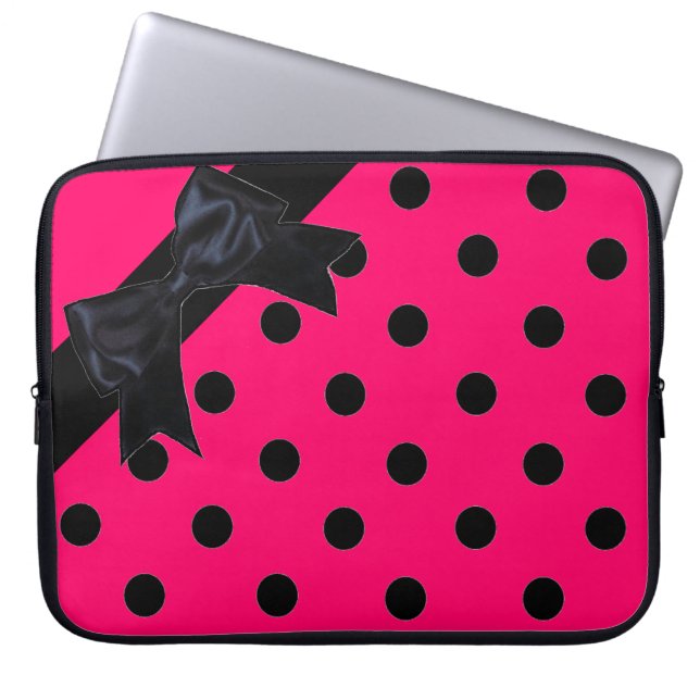Capa Para Notebook Bolsa de laptop de fita bolinhas preta, rosa-claro (Frente)