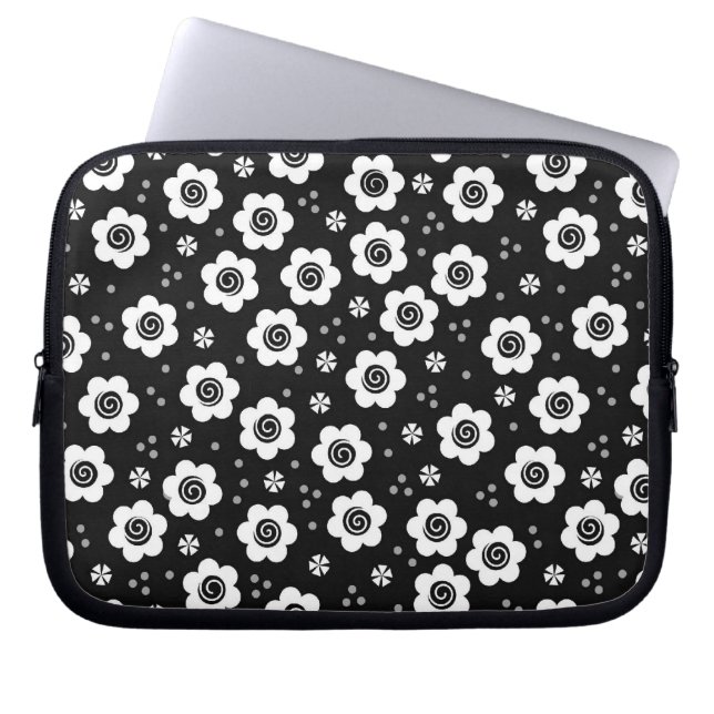 Capa Para Notebook Bolsa de laptop de flores brancas e pretas (Frente)