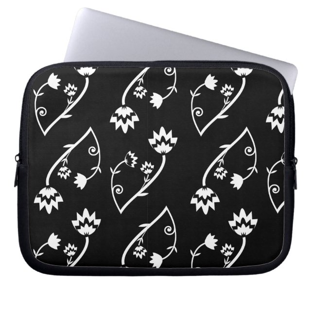 Capa Para Notebook Bolsa de laptop de flores brancas pretas retrorref (Frente)