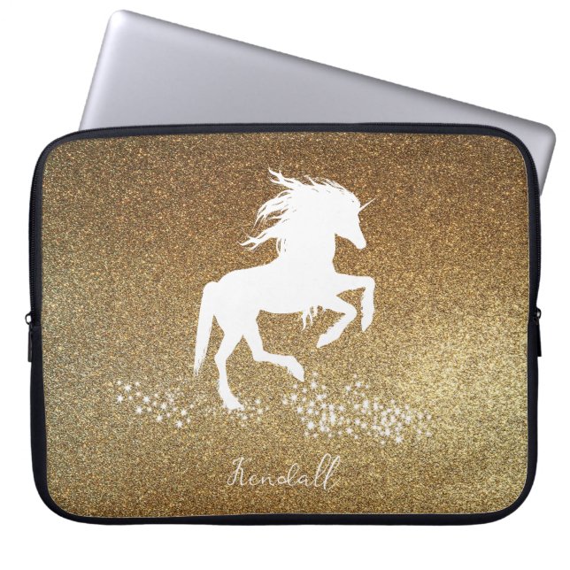 Capa Para Notebook Bolsa de laptop de Unicórnio com Glitter Dourada (Frente)