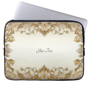Capa Para Notebook Bolsa de laptop Dourada decorativa das flores bran