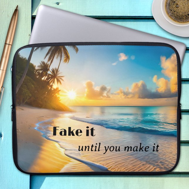 Capa Para Notebook Bolsa de laptop Engraçado Tropical Beach Sunset (Laptop sleeve featuring a painting of a sunset at a tropical beach with palm trees - funny texts)