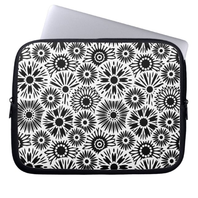 Capa Para Notebook bolsa de laptop floral a preto e branco (Frente)