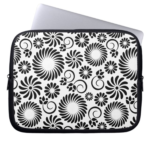 Capa Para Notebook bolsa de laptop floral a preto e branco (Frente)