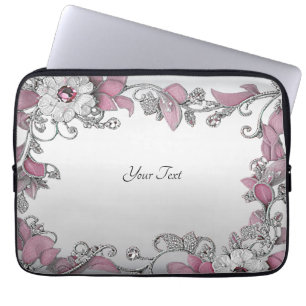 Capa Para Notebook Bolsa de laptop Floral Branca de Prata Rosa