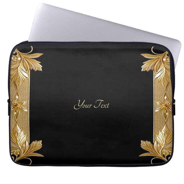 Capa Para Notebook Bolsa de laptop Floral do Ornamentado Preto Dourad (Frente)