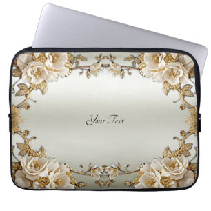 Capa Para Notebook Bolsa de laptop Flores brancas do Ornamentado ouro