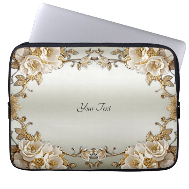 Capa Para Notebook Bolsa de laptop Flores brancas do Ornamentado ouro (Frente)