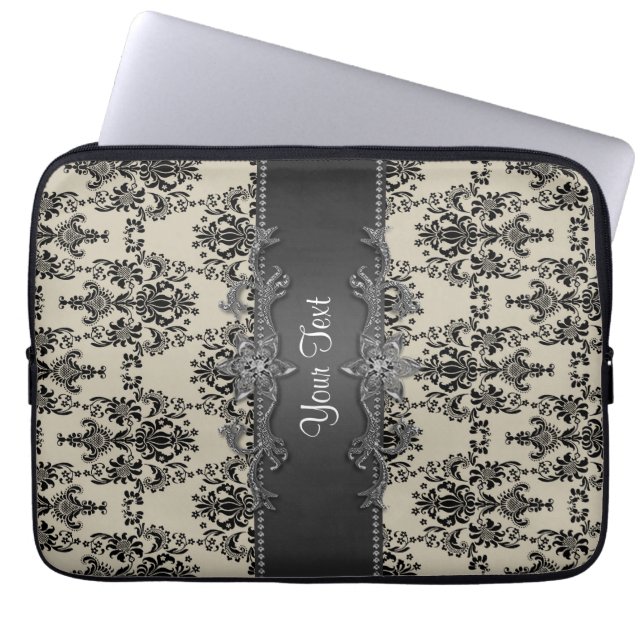 Capa Para Notebook Bolsa de laptop Personalizada Tan Black Damask (Frente)
