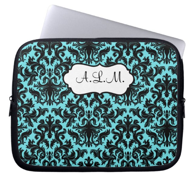Capa Para Notebook Bolsa de laptop preto monograma, Aqua Damask (Frente)