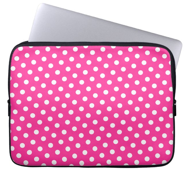 Capa Para Notebook Bolsa de laptop rosa quente e Bolinhas branca (Frente)