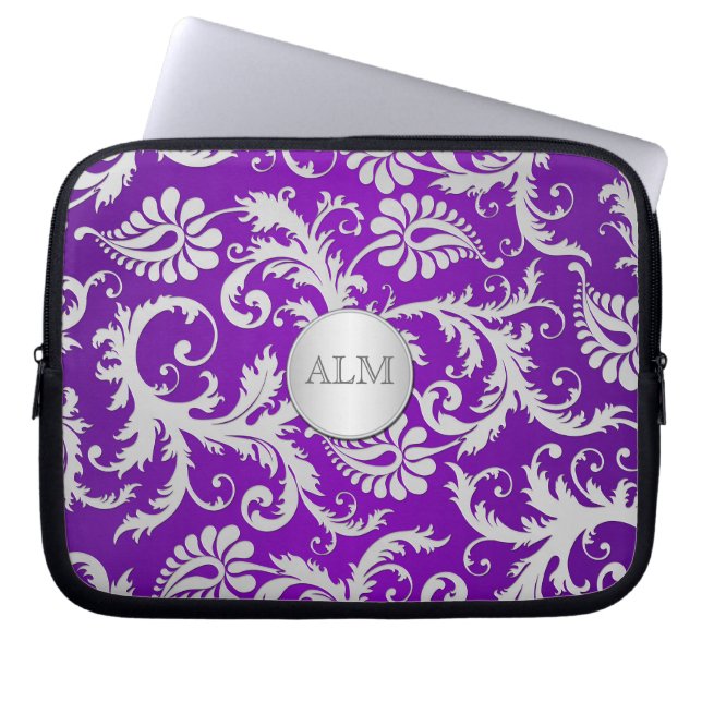 Capa Para Notebook Bolsa de laptop Roxo e Silver Damask (Frente)