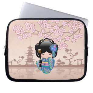 Capa Para Notebook Boneca de Keiko Kokeshi - menina de gueixa azul do